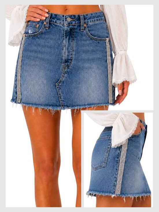 Levi's Dresses & Skirts - Levi’s Premium Denim Mini Skirt Blue Rhinestone Raw Hem 26